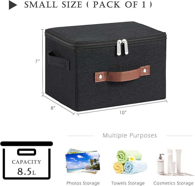Storage Bins with Zipper Lids Decorative Lidded Baskets Boxes | Clothes Container, Closet Shelf Organizer, Foldable Washable, Cotton Linen Fabric, w/ PU Leather Handles, Black, Small