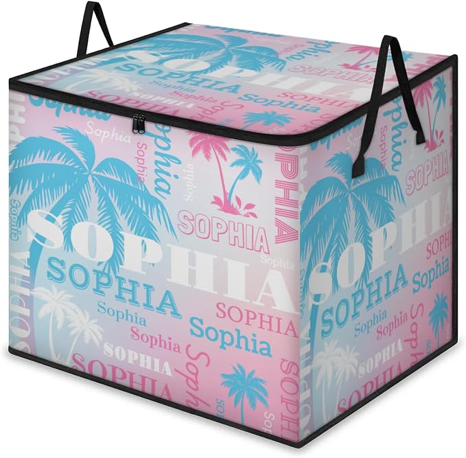 Personalized Name Foldable Storage Basket Cubes with Lid, Clothes Pet Toys Storage Bin with Handles for Shelf Home Closet Kitchen, Light Blue White Palm Trees Light Pink White Background