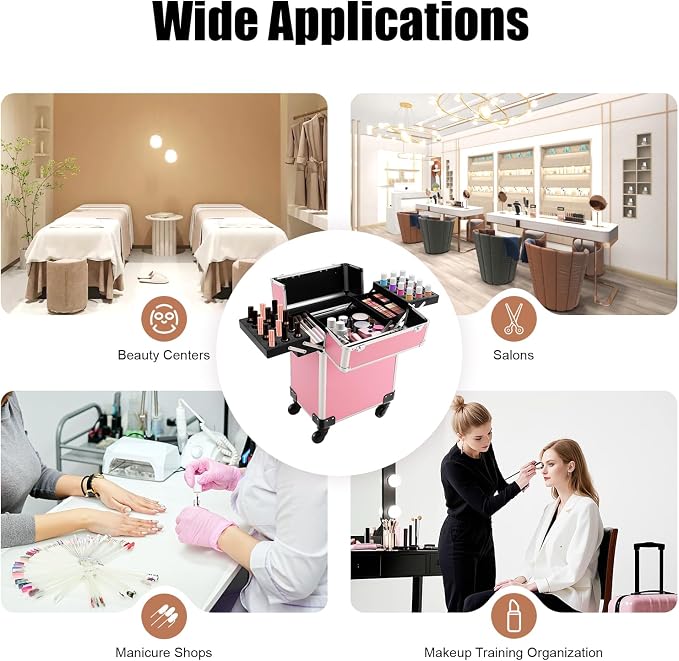 Rolling Makeup Train Case, Lockable Cosmetic Trolley with 2 Keys, Aluminum Cosmetic Case Rolling Makeup Trolley Case 4 Tray with Sliding Rail, Salon Barber Case Traveling Cart Trunk
