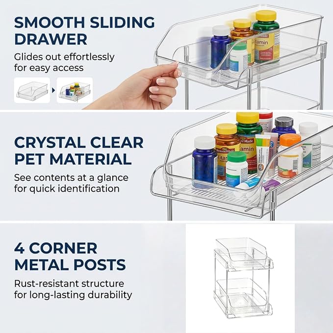 Medicine Bottle Organizer with Clear Pull-Out Drawers for Quick Access | Clear PET drawers, metal frame, smooth pull-out access, open top shelf, for vitamins, supplements, and medicine bottles