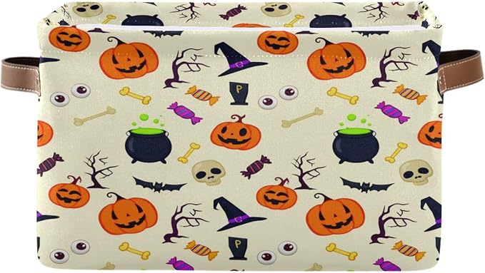 Kigai Storage Basket, Fabric Collapsible Closet Organizer Bin | Halloween Pumpkin Waterproof Foldable Canvas Basket with Handles for Shelves, Nursery, Closet, Bedroom & Bathroom