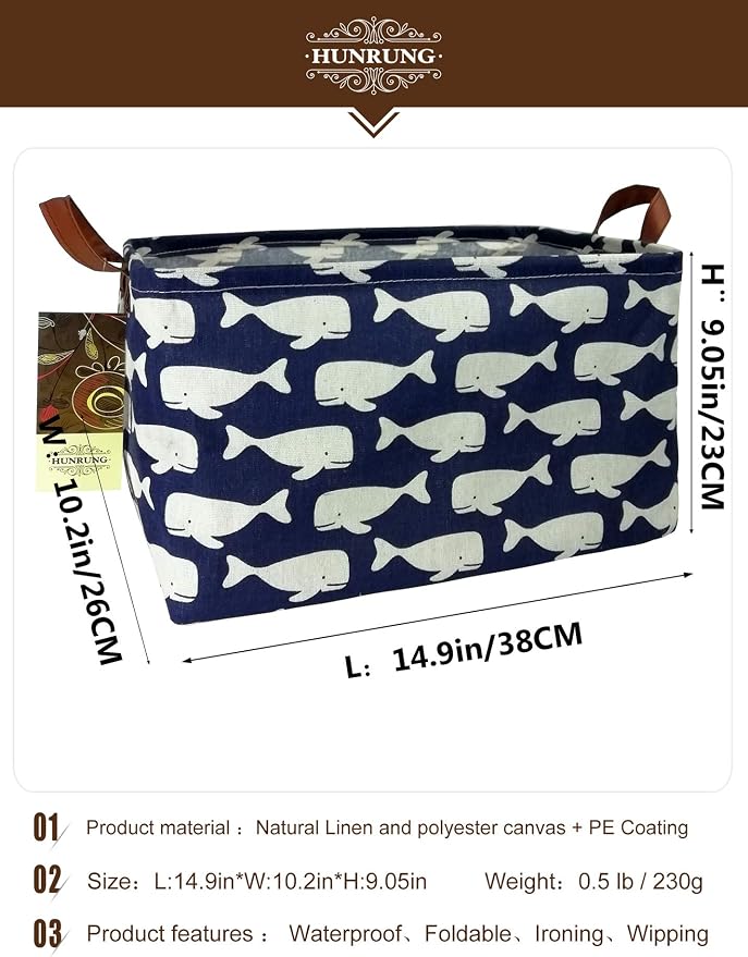 Rectangle Canvas Foldable Storage Basket for Nursery, Blue Whale | Portable and collapsible cloth receptacle. Stores pet essentials, daily use items. Folds flat when not in use