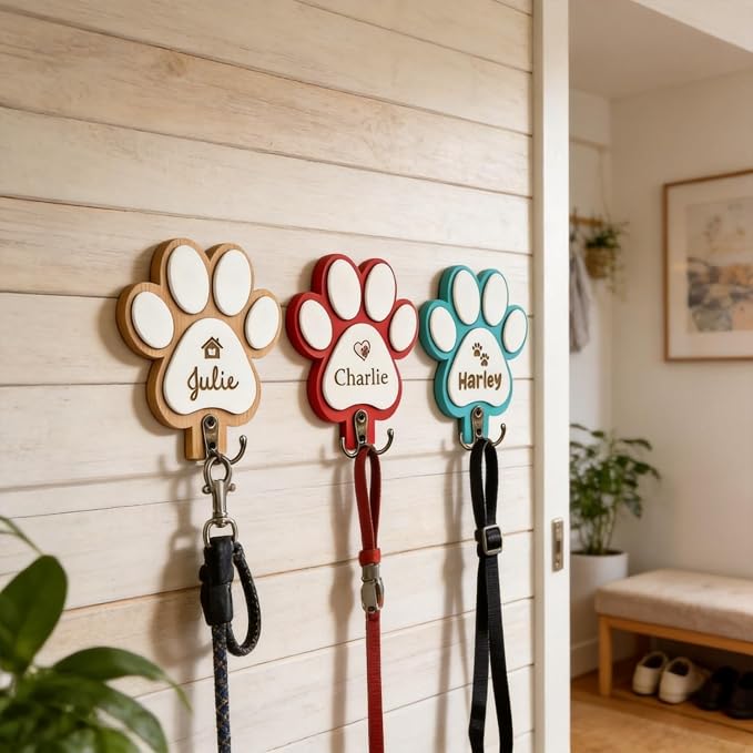 Custom Dog Leash Holder with Name, Personalized Wooden Key Rack and Pet Collar Hanger for Wall, Rustic Farmhouse Entryway Organizer, Dog Lover Gift(Natural)