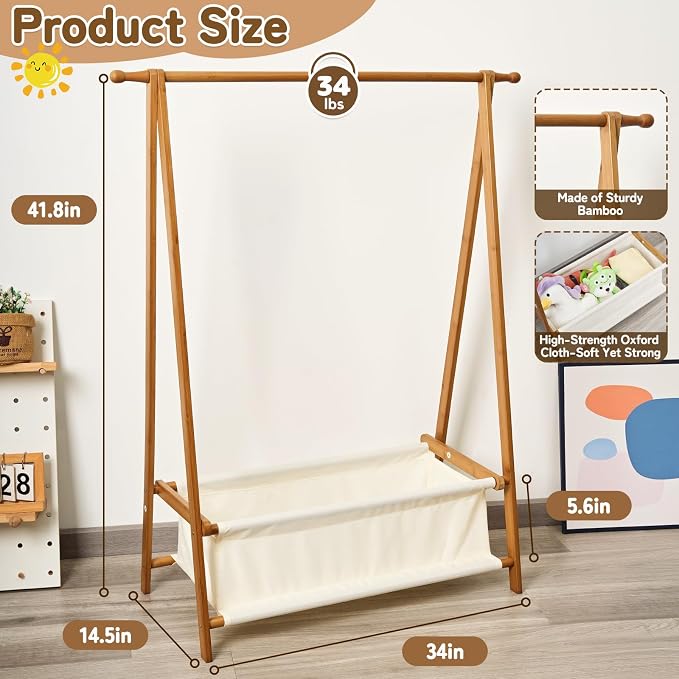 Bamboo Kids Clothing Rack with Storage Box - Foldable,Kids Dress Up Rack with Hooks & Rod, Organize Dress Up Storage & School Uniforms, Perfect for 4-13 Year Olds (Brown)