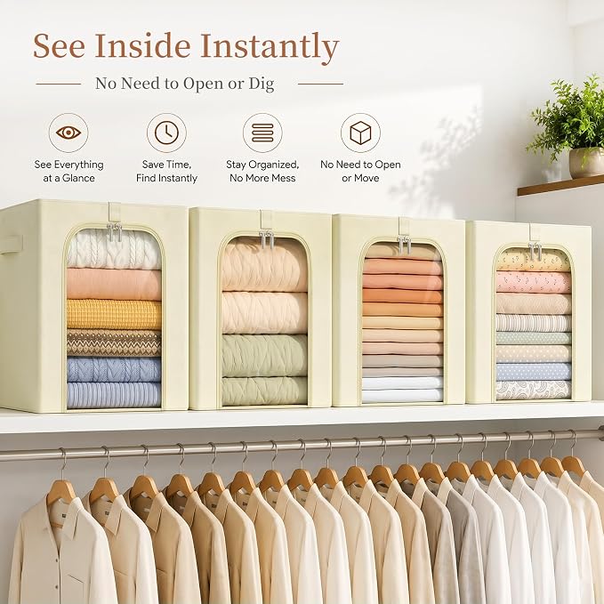 GoMaihe Blanket Storage Bins with Metal Frame for Closet, 55L 6-Pack Beige | Winter Coat Clothing Comforters Bedding, Closet Top Shelf Organizer, Collapse-Proof Stackable, Clear Window Dual Access