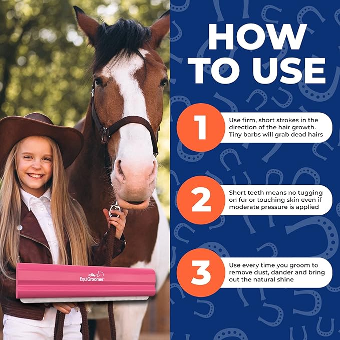 EquiGroomer Deshedding Brush, 8-Inch for Horses and Large Pets, Pink, Removes Loose Dirt, Hair, and Fur, Professional Undercoat Grooming Tool