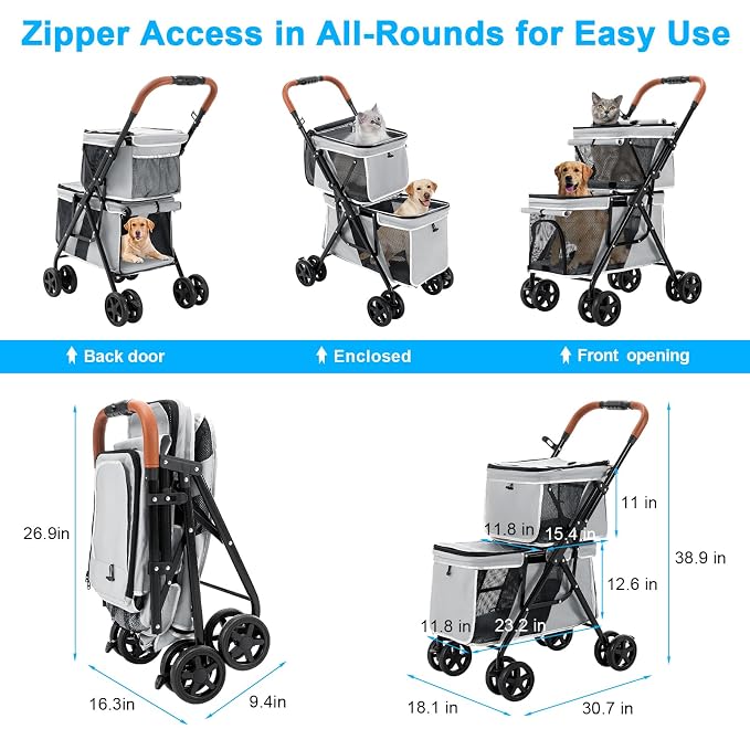 Double Pet Stroller for 2 Dogs & Cats, Double-Decker, Gray | One-Hand Fold Two-Tier Stroller with Separate Cabins, 44 lb Capacity, 4 Tethers, Locking Front Wheels and Rear Brakes