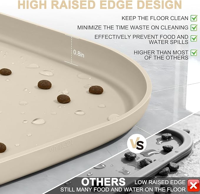 Smilool Silicone Pet Food Mat with Raised Edge for Food and Water Bowl, Dog Feeding Mats, Cat Food Trays for Floor Waterproof, Rubber Tray for Dogs and Cats, 22 x 14 x 0.8 Beige