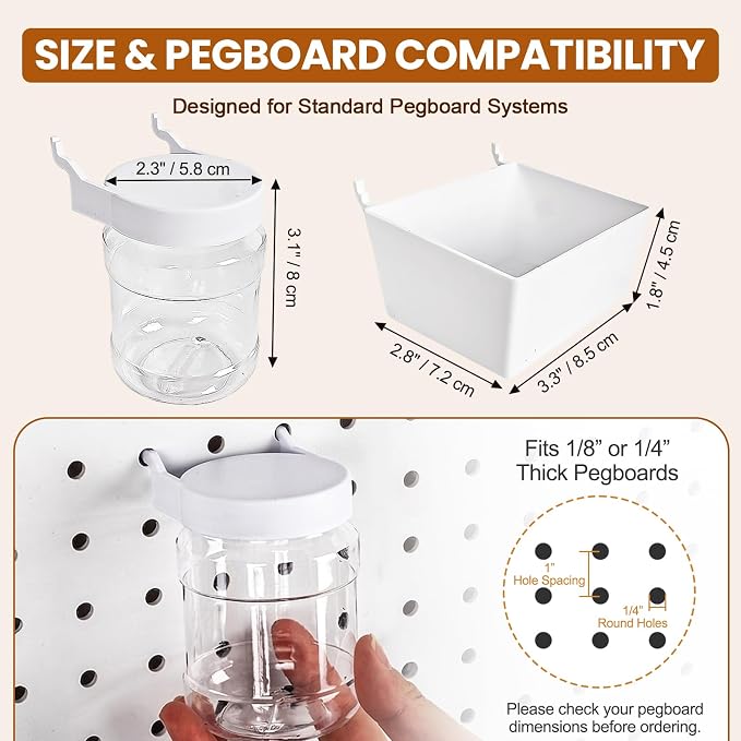 20PCS Pegboard Organizer Accessories, 10 Clear PET Jars with Lids & 10 Open ABS Bins, Fits 1/8” & 1/4” Pegboards, Wall Organizer Set for Garage, Workshop, Craft Room, Office & Home