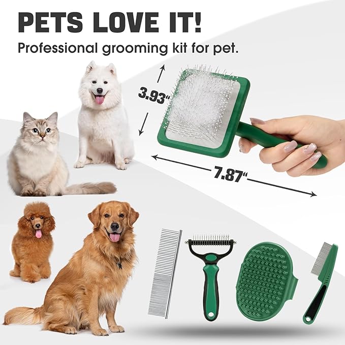 Bonteck Dog Slicker Brush for Dogs Grooming Kit 4PCS | Large Dog Brush for Goldendoodles Poodles Doodles | Long Pin Haired Brush | Poodle Brushes and Comb (Green)