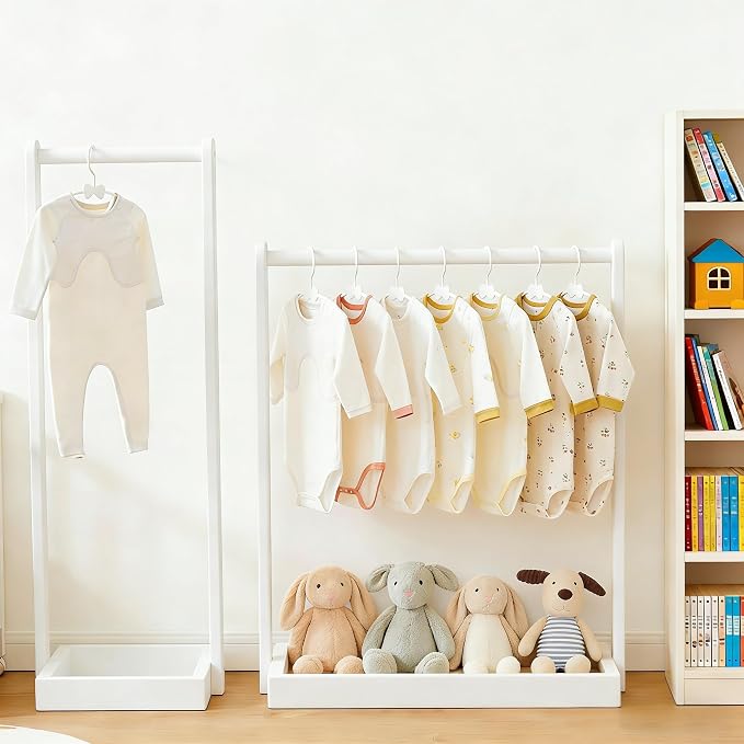 Baby Clothing Rack for Baby Shower, Pets Clothes Rack with Storage Box & Hanging Rod for Dogs Cats Dolls Clothes Display, Mini Baby Shower Crate Closet Rack (White)