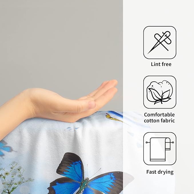 Giwawa Blue Butterfly Hand Towels Spring Flowers Kitchen Dish Towels Set of 2 Soft Absorbent Fingertip Towel for Bathroom Spa Gym Hotel