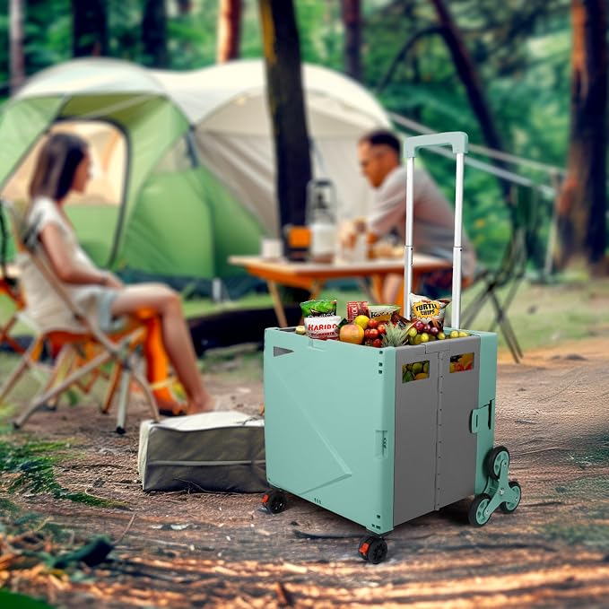 76L Folding Utility Cart Portable Rolling Crate Handcart Shopping Collapsible Tool Box with Stair Climbing Wheels,Hidden Lid,2 Rotate Wheels,for Grocery,Shopping,Office,Storage(Green)