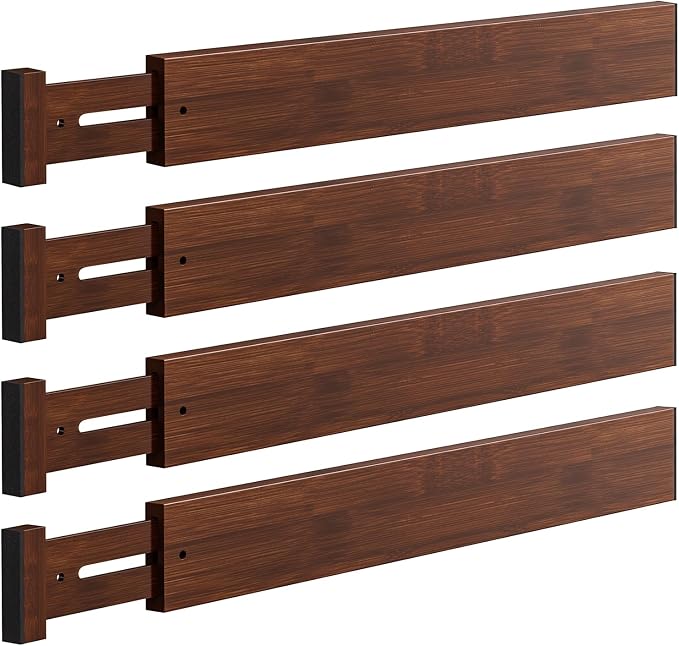 4 PCS Drawer Divider, 17"-22" Adjustable Bamboo Drawer Dividers Organizers, 2.3" High Expandable Separators for Kitchen, Clothes, Dressers, Home, Office, Mocha
