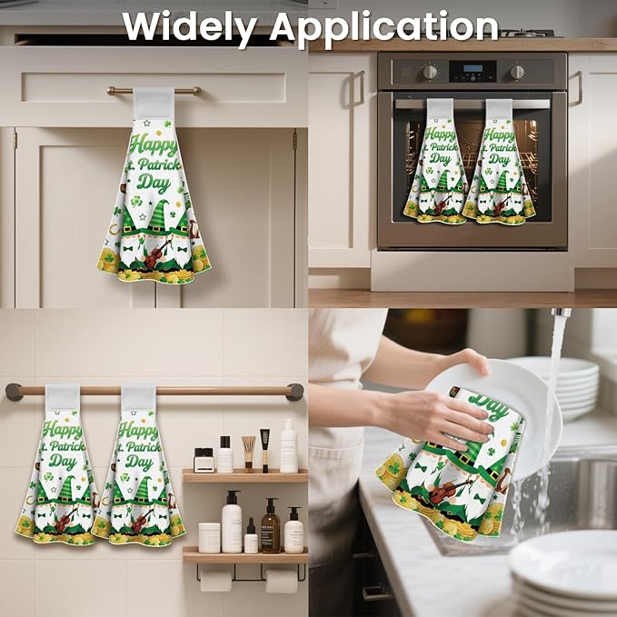 CUTHOLLOW St. Patrick's Gnomes Hanging Kitchen Towels with Loop, Set of 2 - Soft & Super Absorbent Microfiber Decorative Hanging Dish & Hand Towel, Tea, Coffee Towel for Kitchen Bathroom Oven Handle
