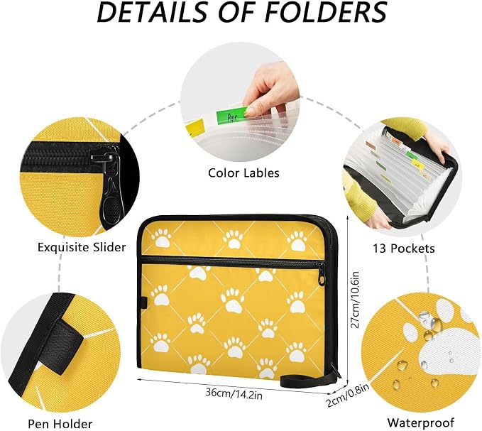 13 Pocket Zipper Expanding File Folder A4 Dog Paw Print | Accordion File Organizer with Front Pouch A4 Letter Size Portable Folders for Documents Receipt School Office Supplies
