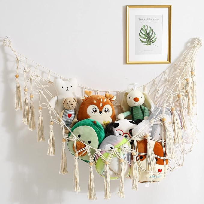 Stuffed Animal Storage Macrame Boho Plush Toy Net Hammock Room Decor | Stuffed Animals Hammock Plushie Net for Stuffed Animals Corner Hanging Holder Teddy Bear Net for Kids Girls Room Decor
