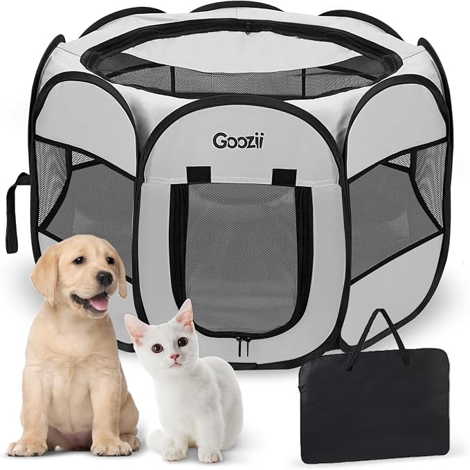 Goozii Pet Cat Playpen for Indoor Cats Enclosed, Puppy Dog Play Pen for Outdoor Travel Camping (Small Size, Light Grey)
