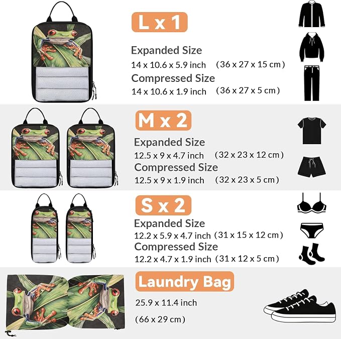 Forest Tree Frog 6 Set Compression Packing Cubes Animals Palm Leaves Expandable Packing Organizer for Travel Accessories Luggage Suitcase Bag