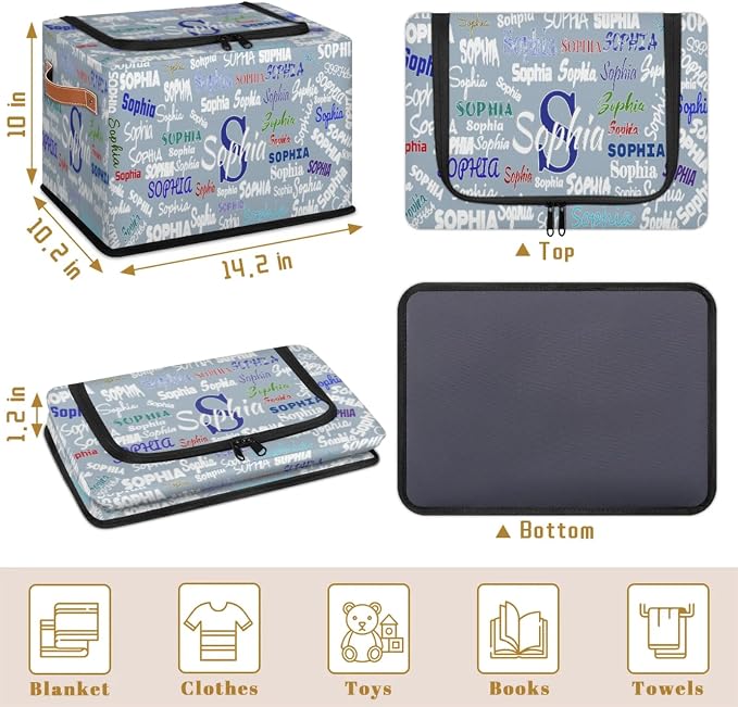 Personalized Storage Bins with Zipper Lid, Grey Blue Customized Name Storage Basket Rectangle Clothes Organizer for Organizing Kids Boys Men and Pets Toys Shelf Closet