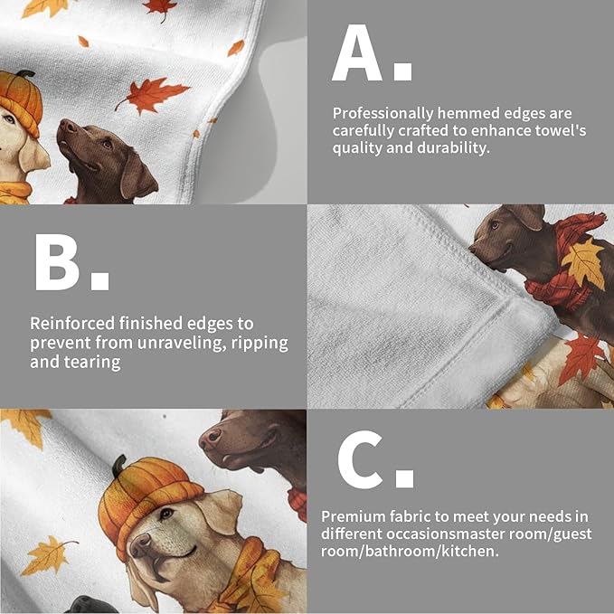 Giwawa Fall Dog Towel Set of 2, Autumn Pumpkins Orange Maple Leaves Funny Puppy Decorative Hand Towels, Thanksgiving Harvest Soft Face Towel Washcloth for Bathroom Guest Gym Spa Hotel Home