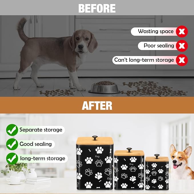 Reallnaive Airtight Dog Treat Container Set of 3 with Bamboo Lids Metal Treat Jars for Countertop Decorative Pet Snack Food Storage Canister Kitchen Biscuit Holder(Black)
