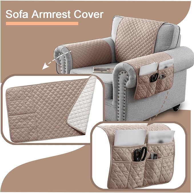 Water-Resistant Sofa Armrest and Headrest Covers with Side Pocket | Keep remotes close quilted polyester helps guard against wear, pet scratches, and kids' messes silicone backing adds grip
