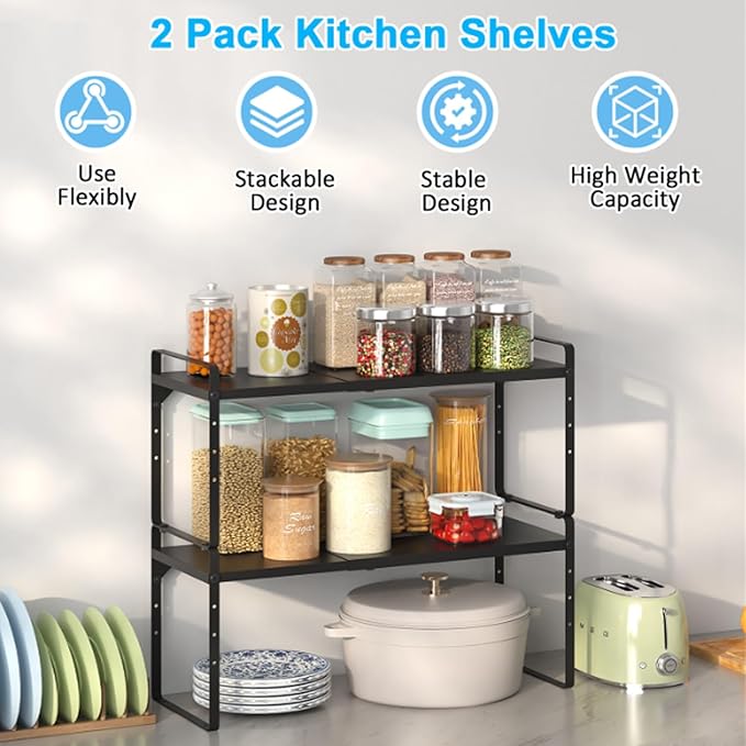 15.5 to 25.5 Inch Expandable Kitchen Cabinet Organizer Shelf, 2 Pack 30 LBS Heavy Duty Adjustable Kitchen Counter Storage Shelves Organizers,Stackable Small Storage Shelf Rack For Cabinet Cupboard