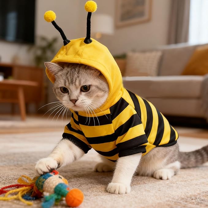 Bumblebee Cat Costume for Sphynx & Small Dogs, Fit Halloween, Yellow, S | Cute Bee Stripes Hoodie, Soft Warm Fleece, Holiday Cosplay Outfit, Daily Leisure Wear, Easy to Put, Safe for Leash Walking