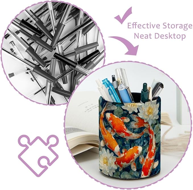 Faux Leather Pen Holder for Desk, Pencil Organizer Lucky Fish Pen Cup Desk Decor Makeup Brush Holder Storage for Office Home