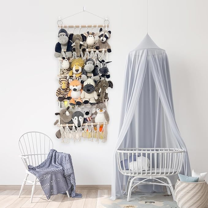 Stuffed Animal Net or Hammock Corner Plush Toy Storage Organizer 4 Layer | Stuffed Animal Hammock Net with Boho Macrame Wall Hanging for Storage Saves Space Keeps Small Stuffed Animal Organized