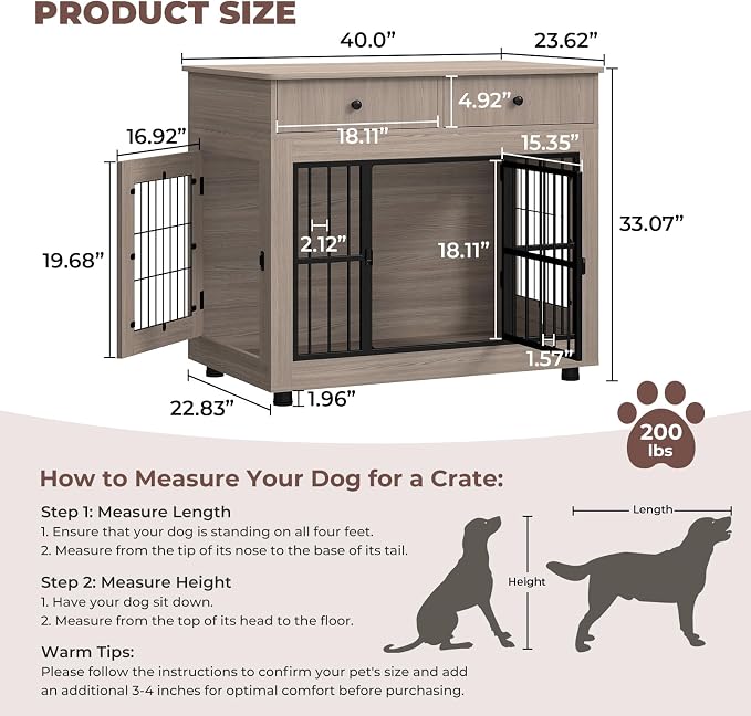 Dog Crate Furniture-Farmhouse Dog Kennel with Drawers, 40 Inch | Heavy Duty End Table, Wooden Decorative Pet Crate, Furniture Crate Dog iIndoor for Small Medium Large Dog, Oak Grey