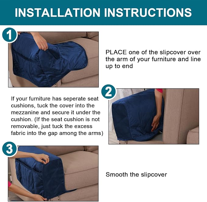 Velvet Quilted Armrest Covers - Water-Resistant Sofa Arm Protectors Set of 2 with Side Pocket Organizer, Non-Slip Furniture Covers for Chairs & Couches (Navy)