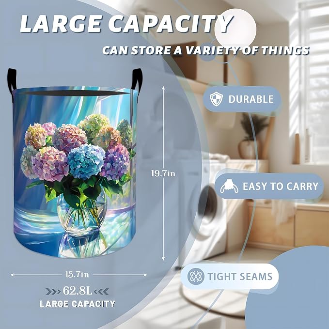 Hydrangea Floral Laundry Basket, Colorful Blooming Flower Art Storage Hamper, Round Collapsible Waterproof Cloth Bin, 19.7x15.7 Inch Elegant Clothes Organizer Gifts for Bathroom Decor