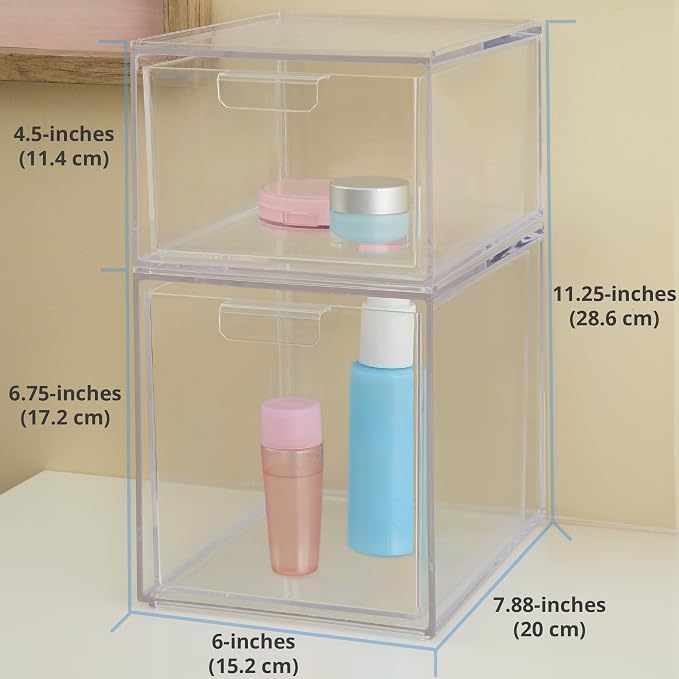 STORi Audrey Stackable Clear Bin Plastic Organizer Drawers | 2 Piece Set | Organize Cosmetics and Beauty Supplies on a Vanity | Made in USA (Pack of 6)