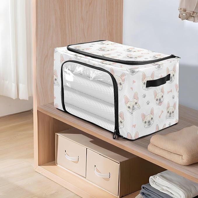 Bone Pets Dog White print Under Bed Storage Containers with Double Zipper Openings, Foldable Clothes Storage Bins with Clear Window and Handles for Blankets Comforters Bedding
