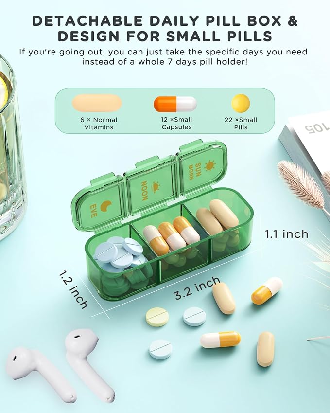 Acedada Pill Organizer 3X A Day, 7-Day Pill Box 3 Times A Day, Green | Weekly Medicine Box Organizer, 7 Detachable Portable Daily Pill Container Dispenser Case for Vitamins Fish Oils Supplements