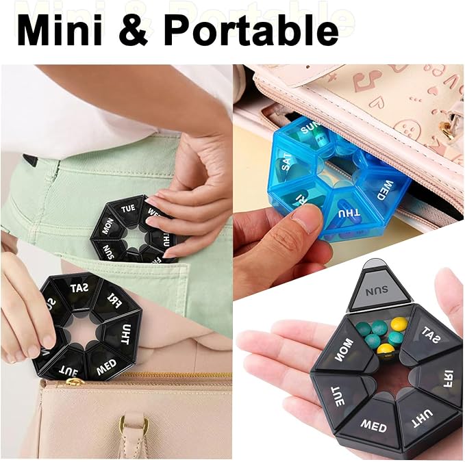 4X Travel Pill Organizer, Small Weekly Portable Pill Box Dispenser | 7 Compartments Weekly Medicine Vitamin Supplement Holder Reminder, Arthritis-Friendly (Black, Yellow, Green, Transparent)