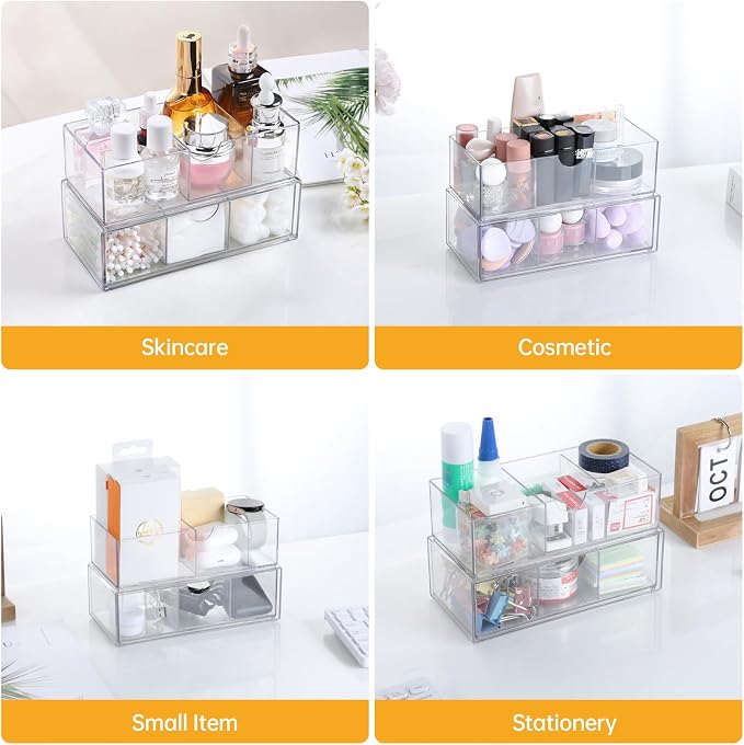 PAVSTINE Medicine Cabinet Organizer 2 Pack, Stackable Storage Drawers with Removable Divider, Make Up Organizer for Bathroom Mirror Cabinets, Vanity, Closet, Countertop - Clear
