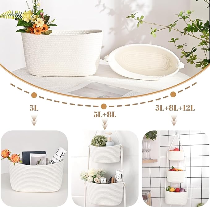 Hanging Basket, 3-Tier Woven Wall Basket with 4 Hooks, Cotton Rope Storage Baskets, Over the Door Organizer for Nursery, Bedroom, Cottage and Boho Wall Decor
