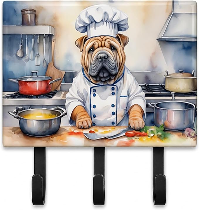 Caroline's Treasures Shar Pei The Chef Leash or Key Holder Wall Hooks, Key Hooks Holder, Coat Rack Wall Mount, Coat Hooks, Hooks for Hanging Keys, Towels, Aprons, Leashes | Shar Pei The Chef artwork on ceramic tile with three steel hooks for keys, leas...