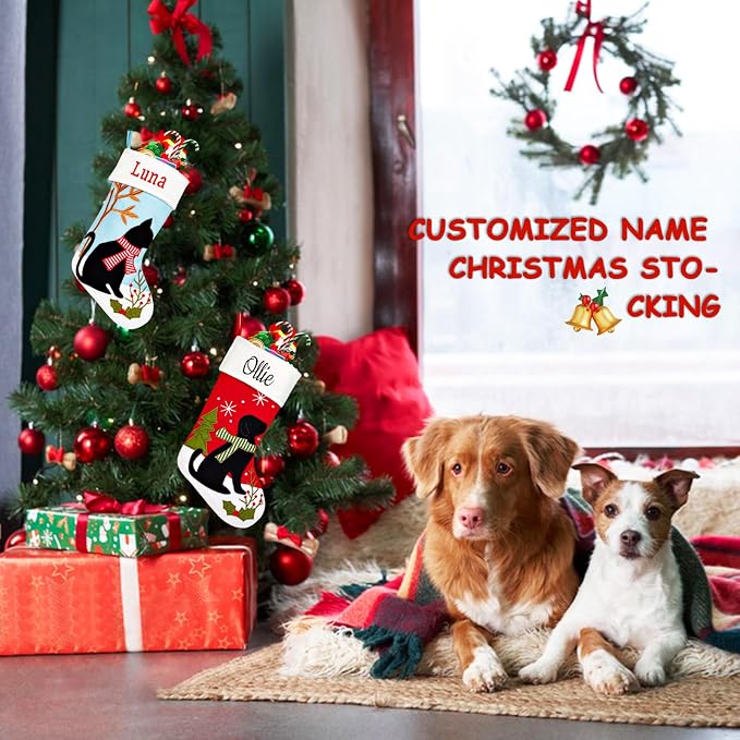 Personalized Christmas Stockings for Dogs Cats, Custom Pet Christmas Stockings with Embroidered Name, Red Blue Dogs Cat Xmas Stockings for Holiday Decoration (3 Pcs)