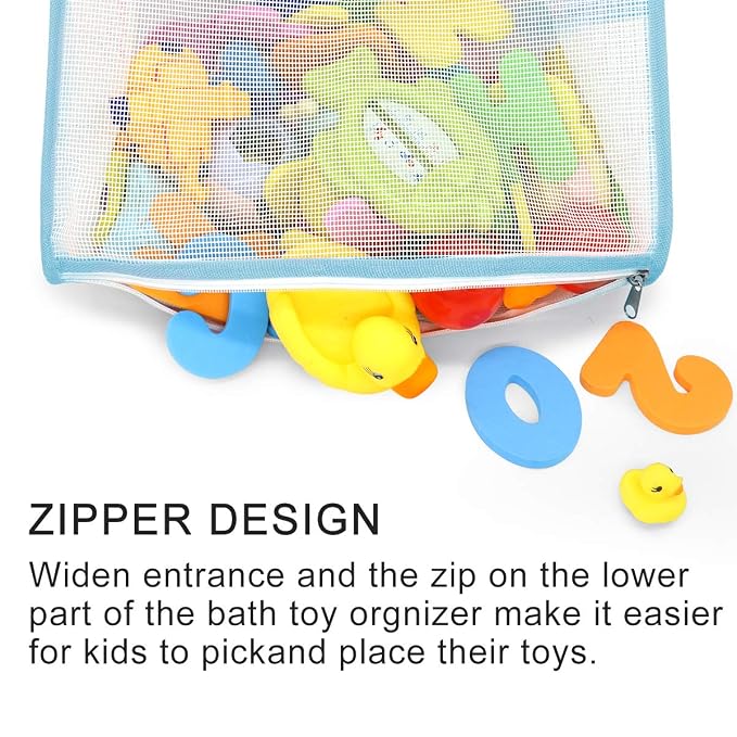 Muchfun Bath Toy Organizer Multiple Ways to Hang | Extra Large Opening Bathroom Toy Holder, Bottom Zipper Bathtub Toy Storage Bag (Blue)