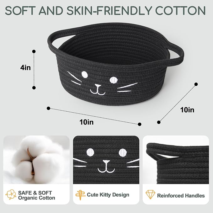 Small Cat Toy Basket, 10”x10”x4” Black Cotton Rope Storage Bin with Handles, Woven Cat Organizer Box for Indoor Pets, Cute Kitty Easter Basket Gifts Empty, Cat-Shaped Boo Halloween Bin