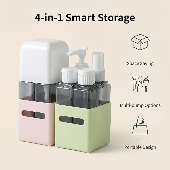 4 in 1 Travel Dispenser Bottle Refillable 4 in 1 Travel Dispenser 60ml Travel Bottles Leakproof Travel Size Containers for Toiletries Shampoo Lotion Green