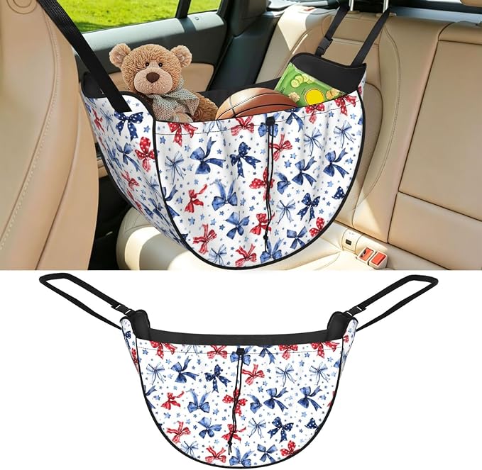 Patriotic Bow Star Car Seat Organizer Backseat Storage Bag, Large Waterproof Vehicle Organizer With Adjustable Straps For Gear Essentials, Fits Most Cars