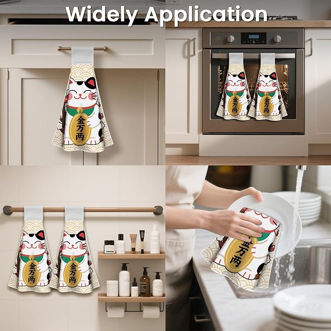 CUTHOLLOW Japanese Lucky Cat Hanging Kitchen Towels with Loop, Set of 2 - Soft & Super Absorbent Microfiber Decorative Hanging Dish & Hand Towel, Tea, Coffee Towel for Kitchen Bathroom Oven Handle