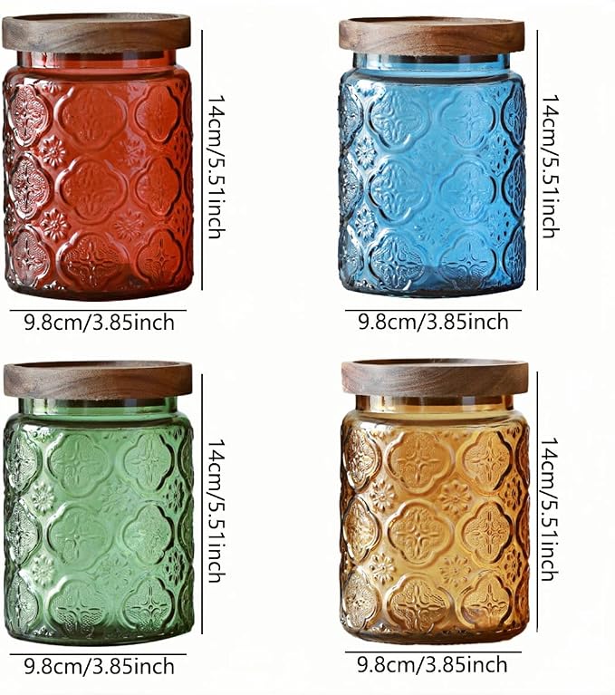 4 Pack Vintage Glass Storage Jars, 23.7 oz Begonia Flower Kitchen Canisters | Coffee Bean Container, Tea Organizer, Sugar Holder, Candy Cookie Keeper, Pantry Countertop Decor, Laundry Detergent Organizer