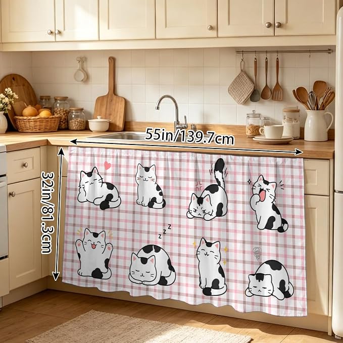 Cute Cat Sink Skirt for Bathroom, Self-Adhesive Under Sink Curtain, Modern Playful Pet Cats Pink Brown Plaid Hide Pipes & Storage Fabric Cabinet Skirt Cover for Kitchen Laundry 32"x55"