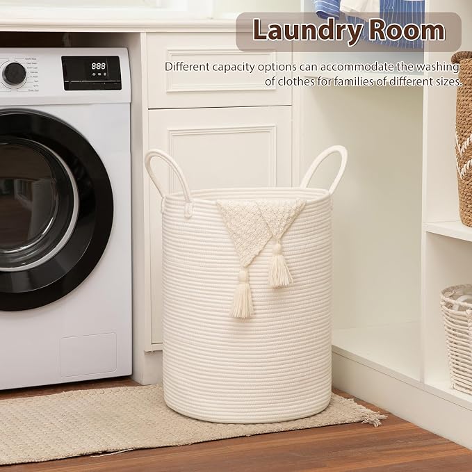 OIAHOMY 60L Nursery Hamper Laundry Basket Laundry Hamper White | collapsible Blanket Basket Cotton Rope Woven Basket Dirty Clothes Hamper Baby Hamper Tall Clothes Hamper with Handles
